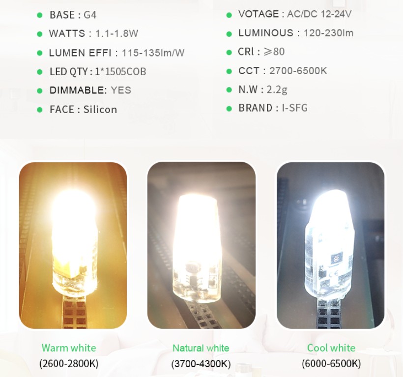 I-SFG mini silicon dimmable G4  1505COB landscape light source led bulb 1W 1.5W 2W AC10-24V/DC10-30V 2700K/ 4000K/6000K