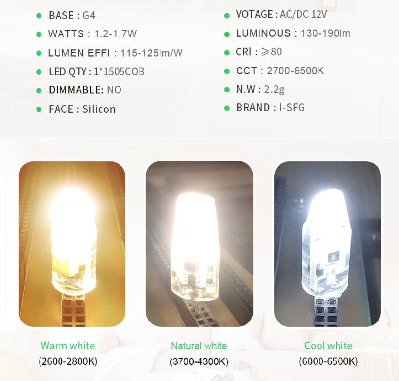 I-SFG best seller G4 1505 COB light source led bulb 1.2W 1.5W 2W AC/DC12V 2700K/4000K/6000K