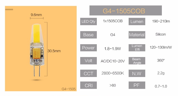 G4 1505 COB LED Bulb AC/DC12V Warm white 2700K 3000K Natural white 4000K FCool white 6000K 1.5W