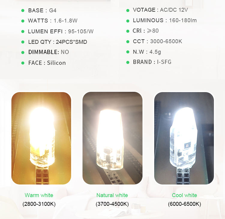 G4 led bulb I-SFG G4 2835SMD AC/DC12V Led Lamp 360 Degree Beam Angle silicon LED For chandelier lamparas Light