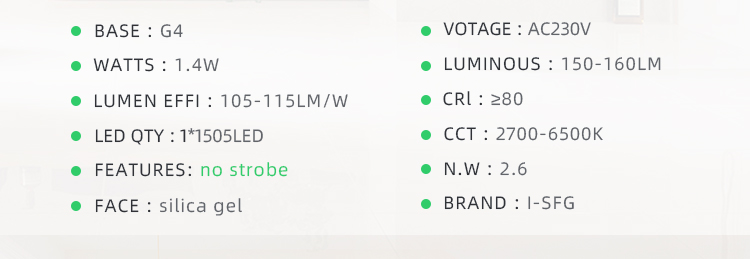 G4 LED lamp AC220V non flashing LED bulb cob 1.4W 150-160lm bright light source replaces 70W halogen lamp