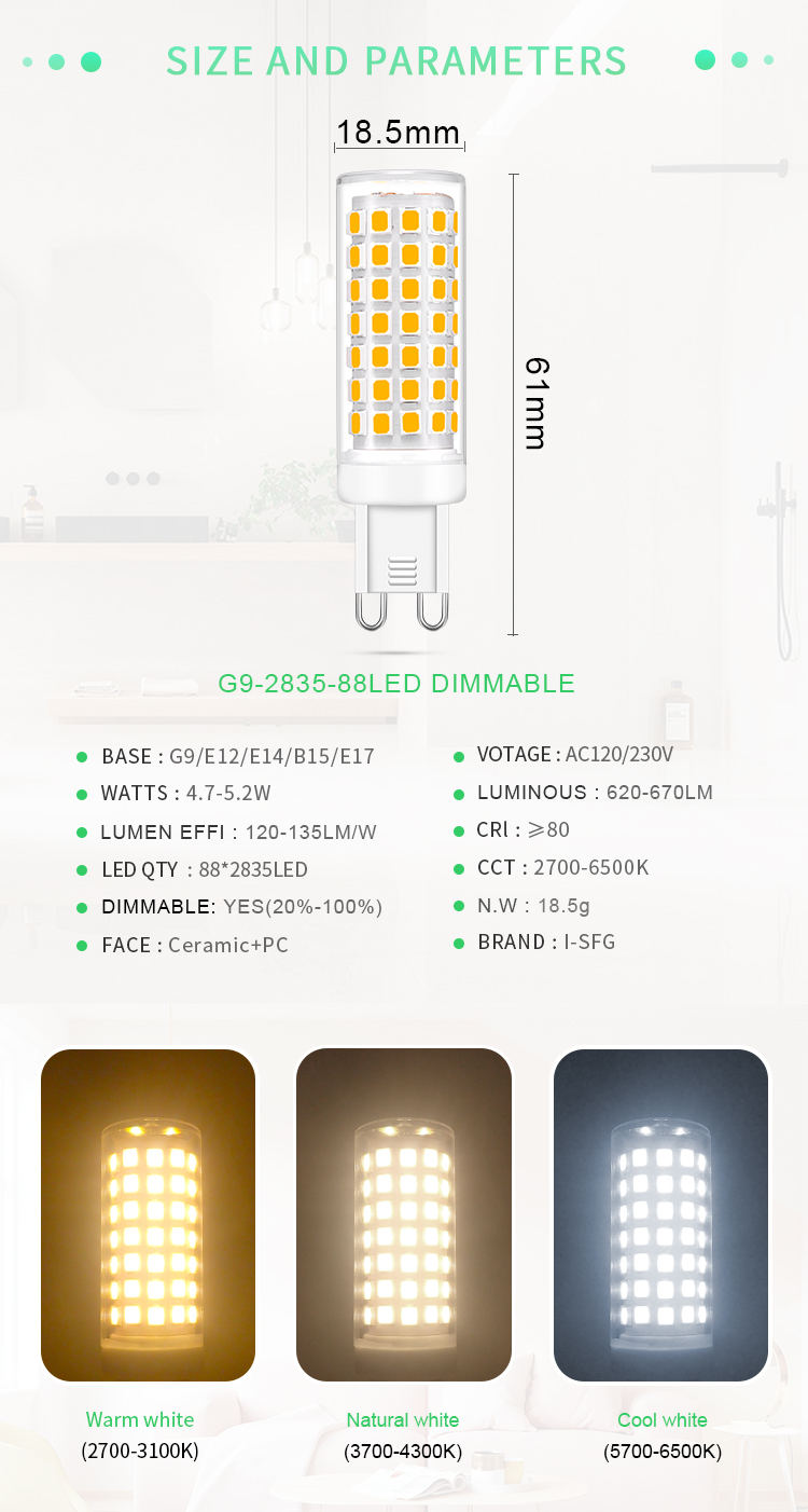 I-SFG G9 5W 6W 7W 2835SMD Corn lamp LED bulb high quality AC220-240V dimmable 600-670lm CE Rohs