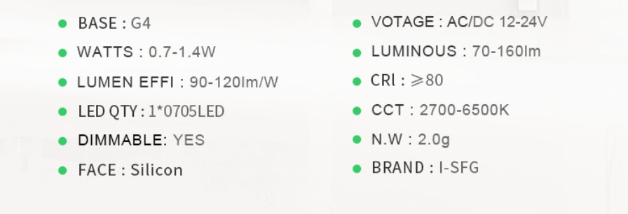 I-SFG mini silicon dimmable G4 0705COB landscape light source led bulb 1W/1.2W/1.5W AC10-24V/DC10-30V 2700K/ 4000K/6000K