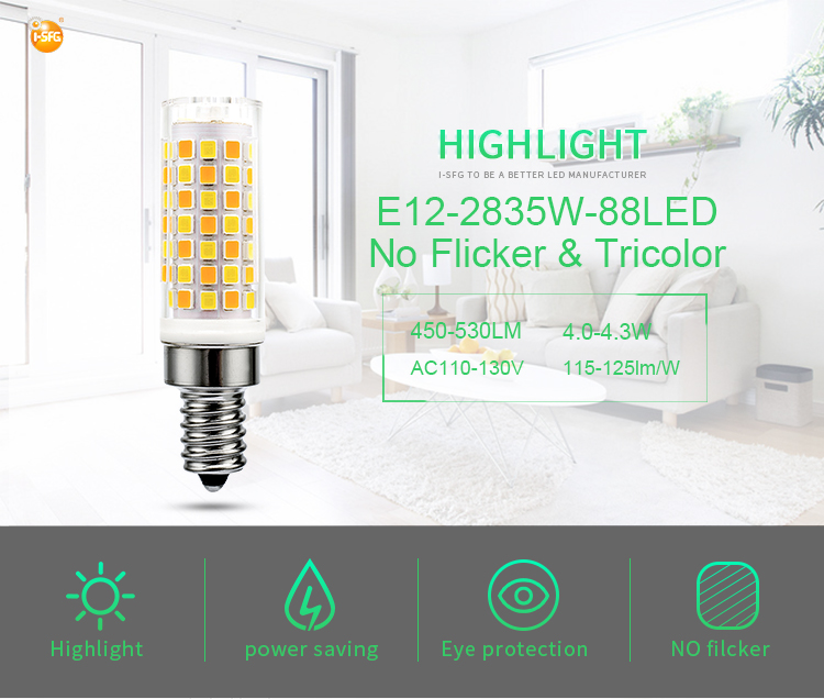 I-SFG E12 4W 5W no flicker led bulb 2835SMD corn light products Ceramic+PC AC120V 650lm ETL