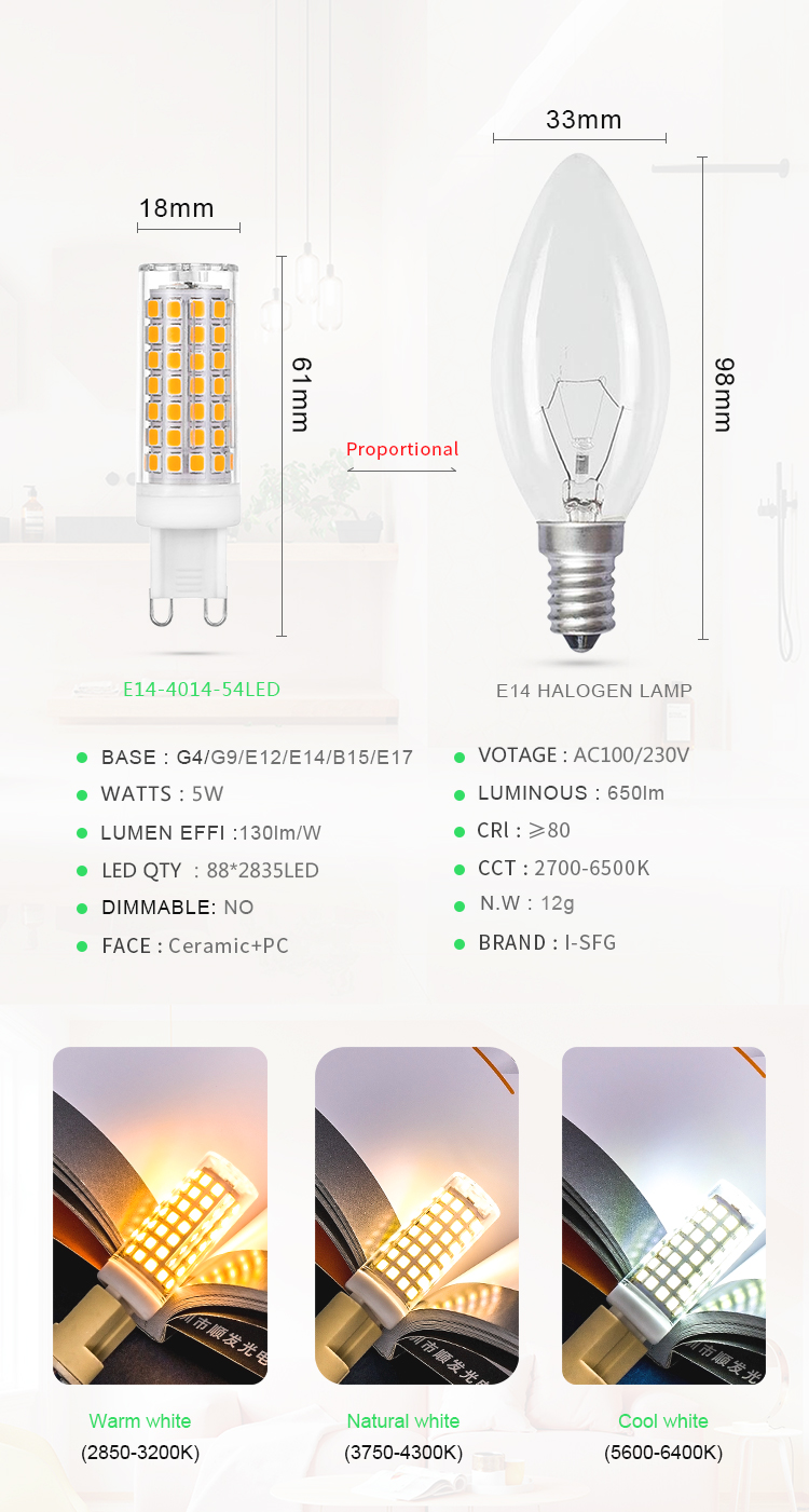 G9 led corn lamp double pin base 5W soft white G9 E12 E14 E17 B15 lamp holder bulb, 550lm, ceramic base G9 bulb, suitable for di