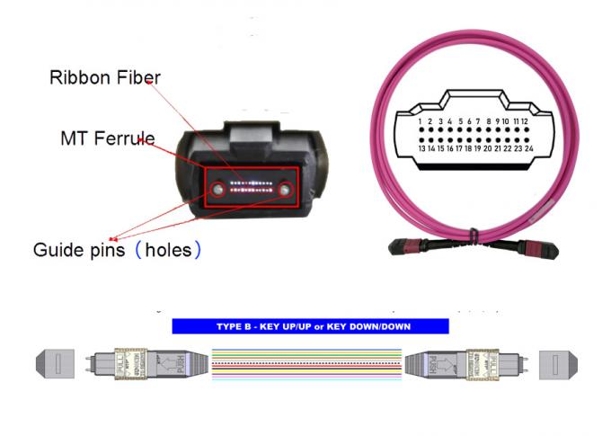 Fiber Optical 24 MTP MPO Patch Cord 5M OM4 24 Core Magenta Low Loss 0.3dB type B 0