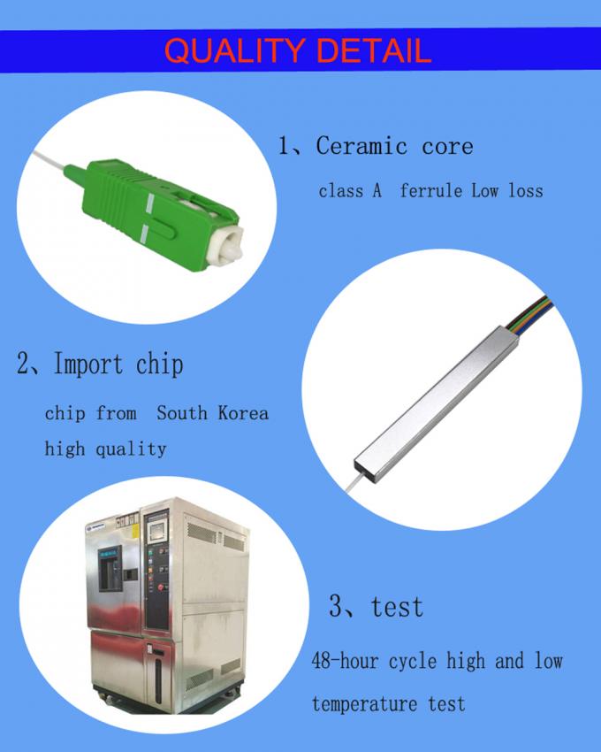 Divisor óptico ABS 1x8 de 10,3 dB en miniatura, alta estabilidad y fiabilidad.