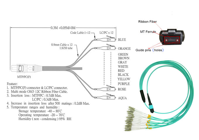 Break Out MTP MPO Patch Cord female to 6 DX LC 12 fiber LSZH type B blue 0