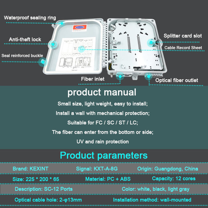 Caja de distribución de fibra óptica de 8 núcleos, divisor de PC ABS gris, empalme de fibra LGX 1×8 7