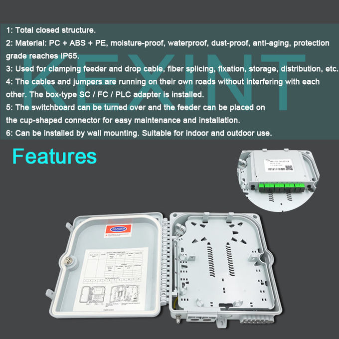 Caja de distribución de fibra óptica de 8 núcleos, divisor de PC ABS gris, empalme de fibra LGX 1×8 12