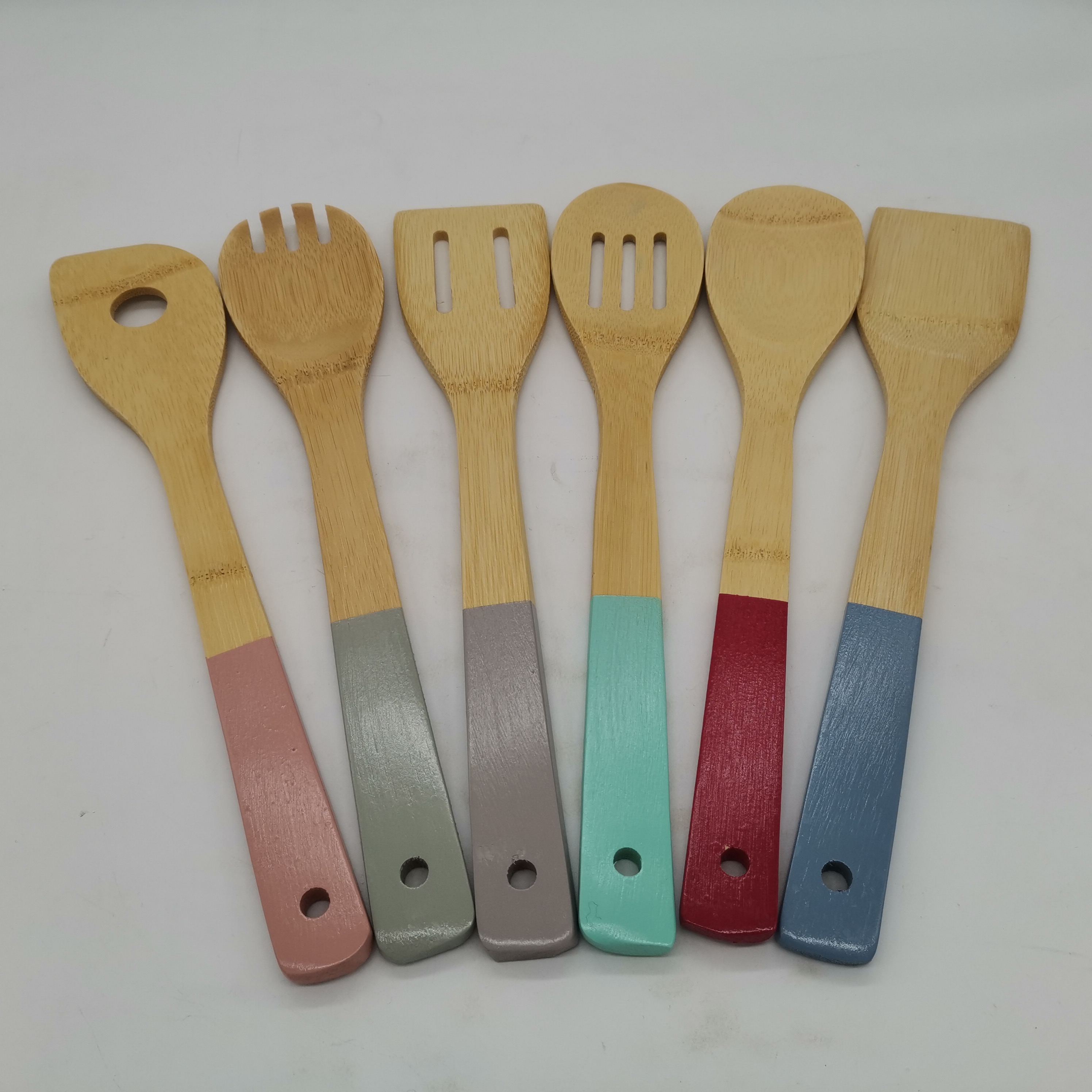 Set de 5 utensilios de cocina, madera de bambú, 30 cm, con soporte de 16 x  10 x 10 cm, cucharas y espátulas ranuradas y lisas co