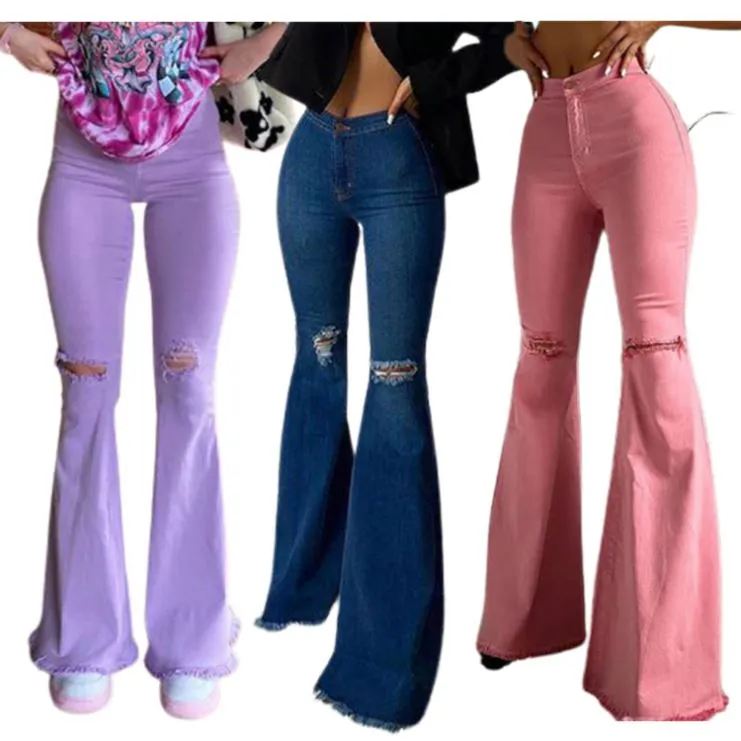 Girls Ripped Flare Jeans Elastic Waist Bell-Bottom Denim Pants Long Trousers
