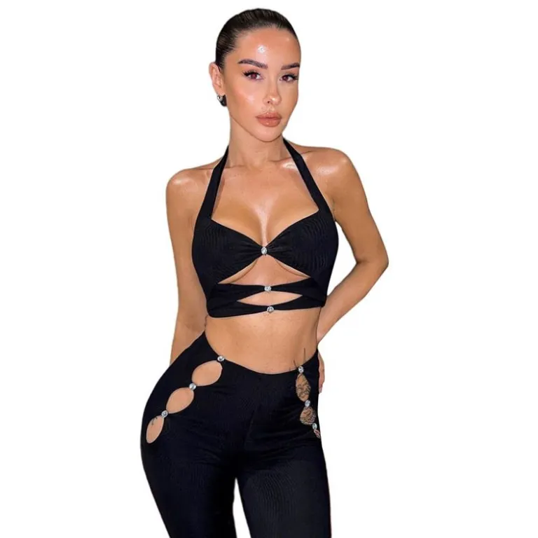 Summer Backless Women Two Piece Set For Party Clubwear Outfits Sexy Cross  Halter Tanks Top High Waist Flare Pants Ladies Clothes