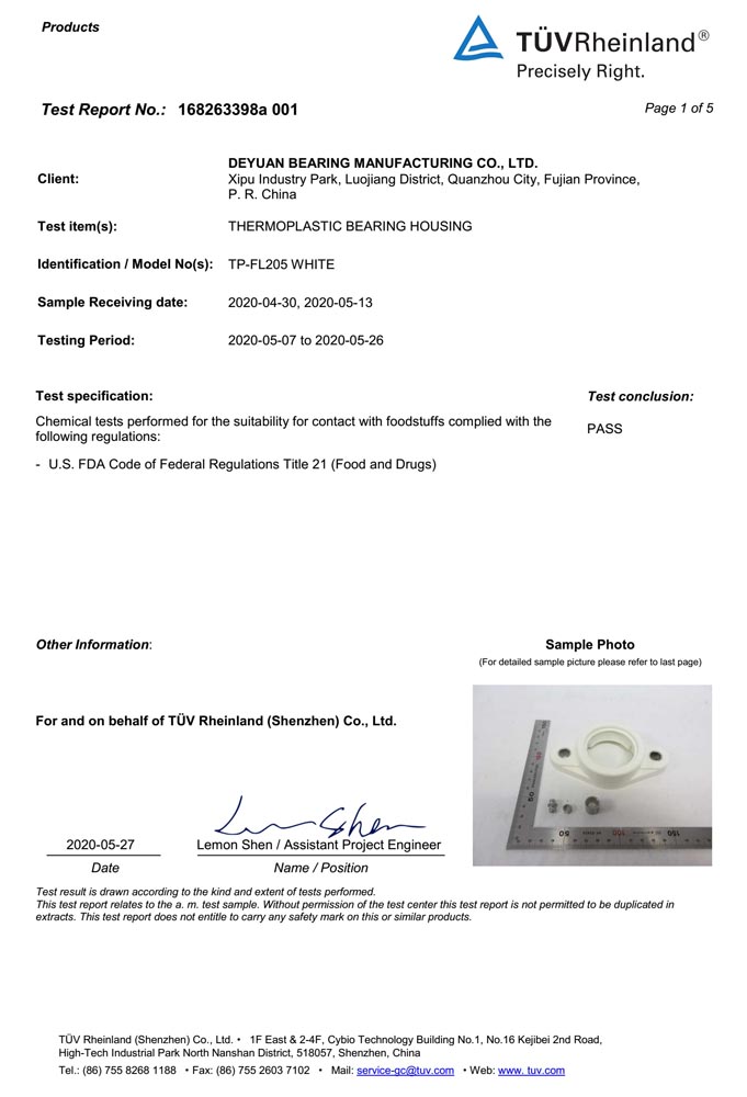 LDK’s Thermoplastic bearing housing passed FDA Federal Regulation Title 21 (Food & Drug) compliance test carried by TUV.-Deyuan Bearing Manufacturing Co., Ltd