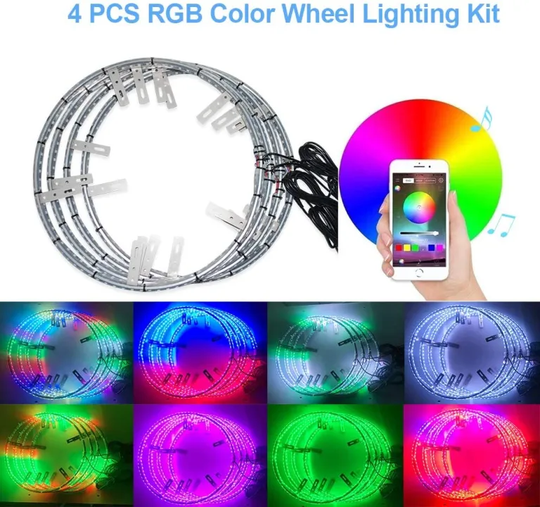 4 STÜCKE 17-Zoll-Auto-Felgenlichter 624 LED-RGB-Farbjagen von  Radringlichtern für Autos mit Bluetooth-Controller