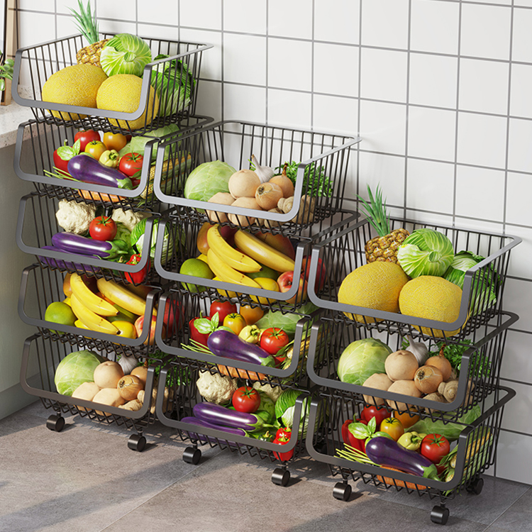 Cesta de almacenamiento de alambre para cocina, contenedores apilables para almacenamiento de patatas y cebollas, cestas para frutas y verduras con ruedas, carrito rodante apilable de Metal