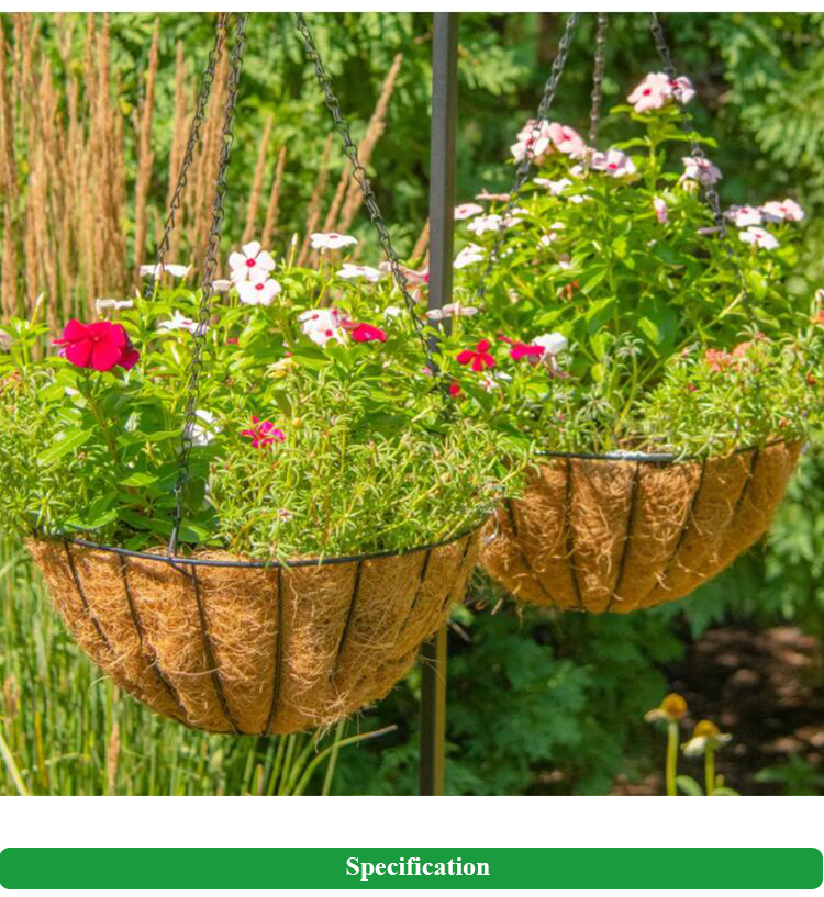 Cesta de fibra de coco, soporte para plantas de alambre redondo, cesta colgante de metal con revestimiento de fibra de coco