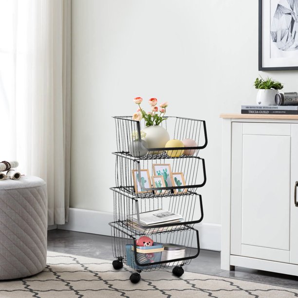 Cesta de almacenamiento de alambre para cocina, contenedores apilables para almacenamiento de patatas y cebollas, cestas para frutas y verduras con ruedas, carrito rodante apilable de Metal