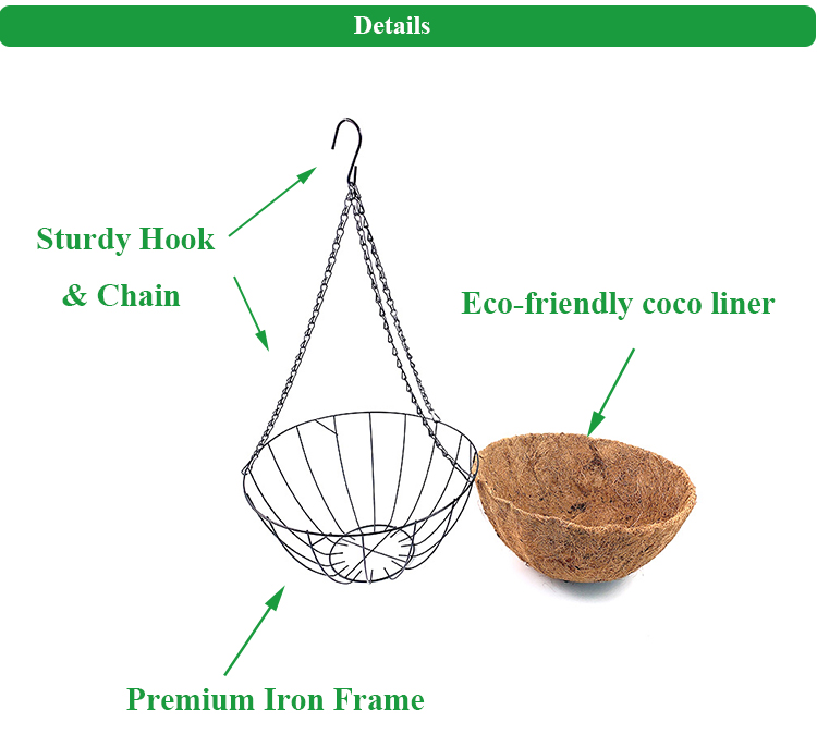 Outdoor Patio Garden Decorative 14 Inch Coco Coir Hanging Basket Black Coco Fiber Liners Hanging Planters