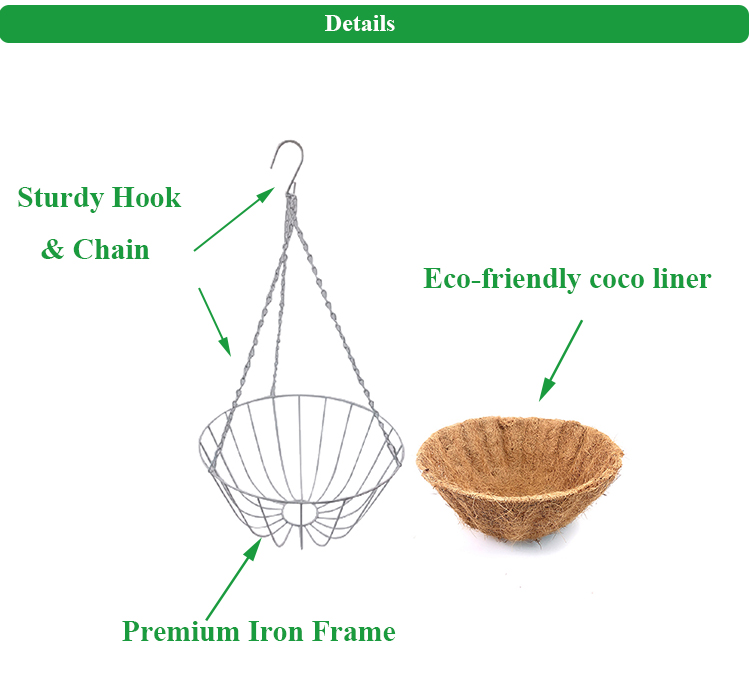 Cesta colgante de decoraci&oacute;n de jard&iacute;n de Metal con forro de Coco, maceteros colgantes, cestas colgantes de Coco de forma redonda