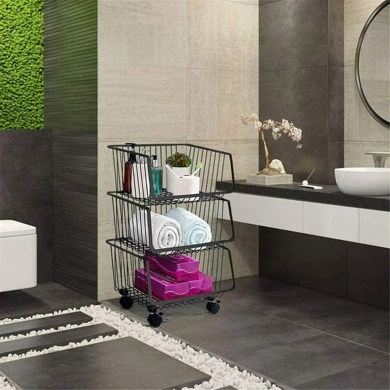 Cesta de almacenamiento de alambre para cocina, contenedores apilables para almacenamiento de patatas y cebollas, cestas para frutas y verduras con ruedas, carrito rodante apilable de Metal