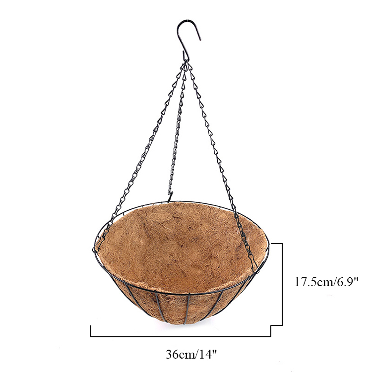 Cesta de fibra de coco, soporte para plantas de alambre redondo, cesta colgante de metal con revestimiento de fibra de coco