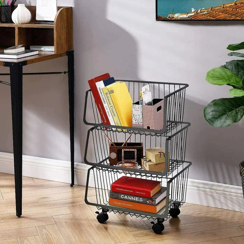 Cesta de almacenamiento de alambre para cocina, contenedores apilables para almacenamiento de patatas y cebollas, cestas para frutas y verduras con ruedas, carrito rodante apilable de Metal