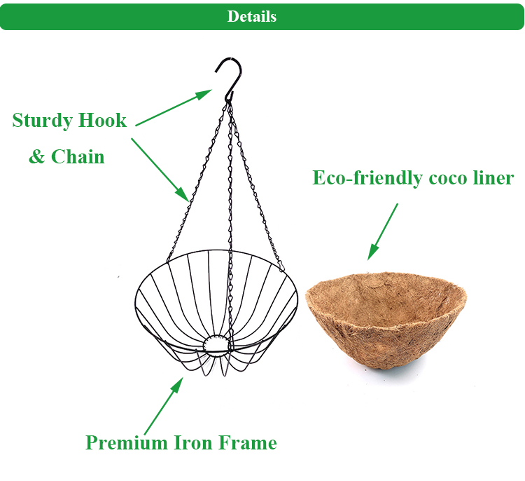 Cesta de flores colgantes para interior y exterior, colgador de macetas para porche, hogar, jard&iacute;n, alambre de Metal, cesta colgante con coco