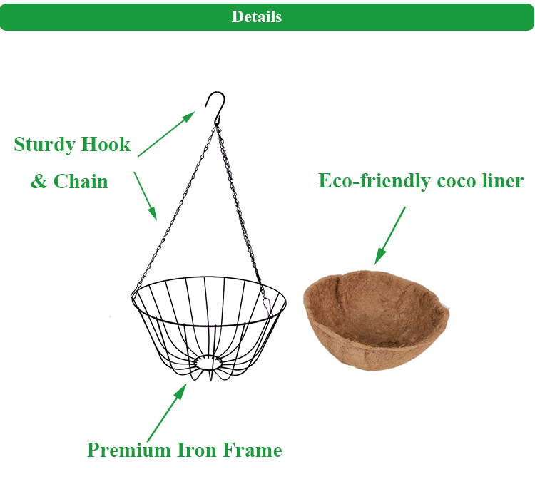 Cesta colgante de Metal para plantas de interior y exterior, decoraci&oacute;n de jard&iacute;n, revestimiento redondo de fibra de coco, cesta colgante de coco