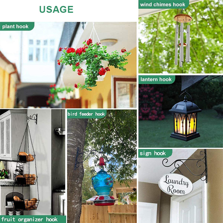Soporte montado en la pared, soporte de planta de hierro negro, gancho de Metal para plantas, cestas colgantes, comederos para pájaros, maceteros, linternas, campanillas de viento