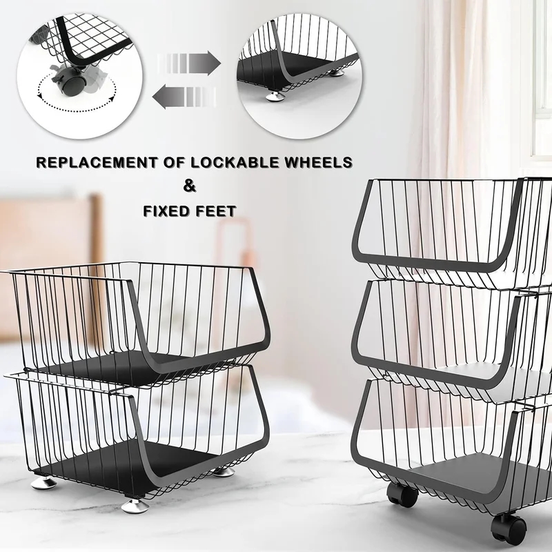 Cesta de almacenamiento de alambre para cocina, contenedores apilables para almacenamiento de patatas y cebollas, cestas para frutas y verduras con ruedas, carrito rodante apilable de Metal