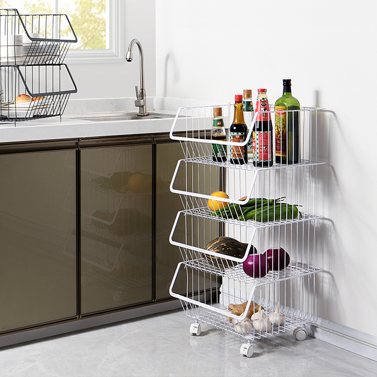 4-Tier Metal Floor Standing Home Storage Basket Wire Basket Storage Stand for Fruit Vegetables Kitchen Bathroom Organization