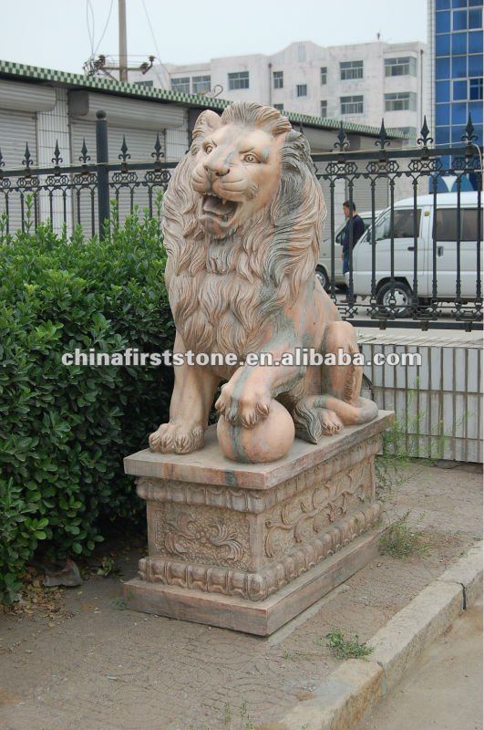 Red Marble Lion Statues Stone Lion Statue With Ball