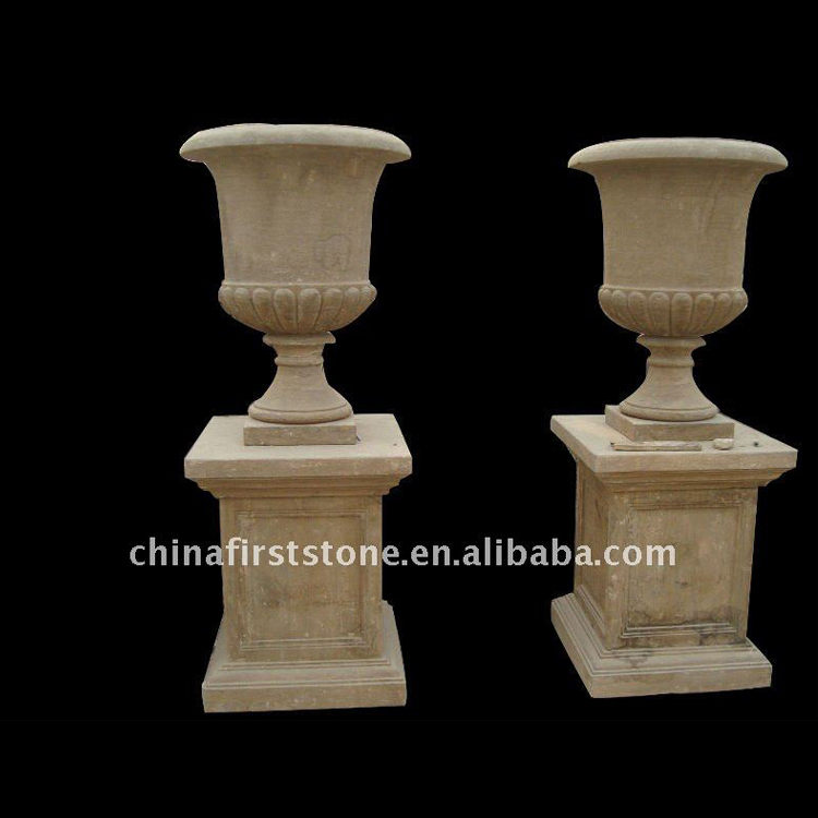 Wholesale Roman Style Vertical Pillar Yellow Limestone Pedestal Marble Flower Plant Pot